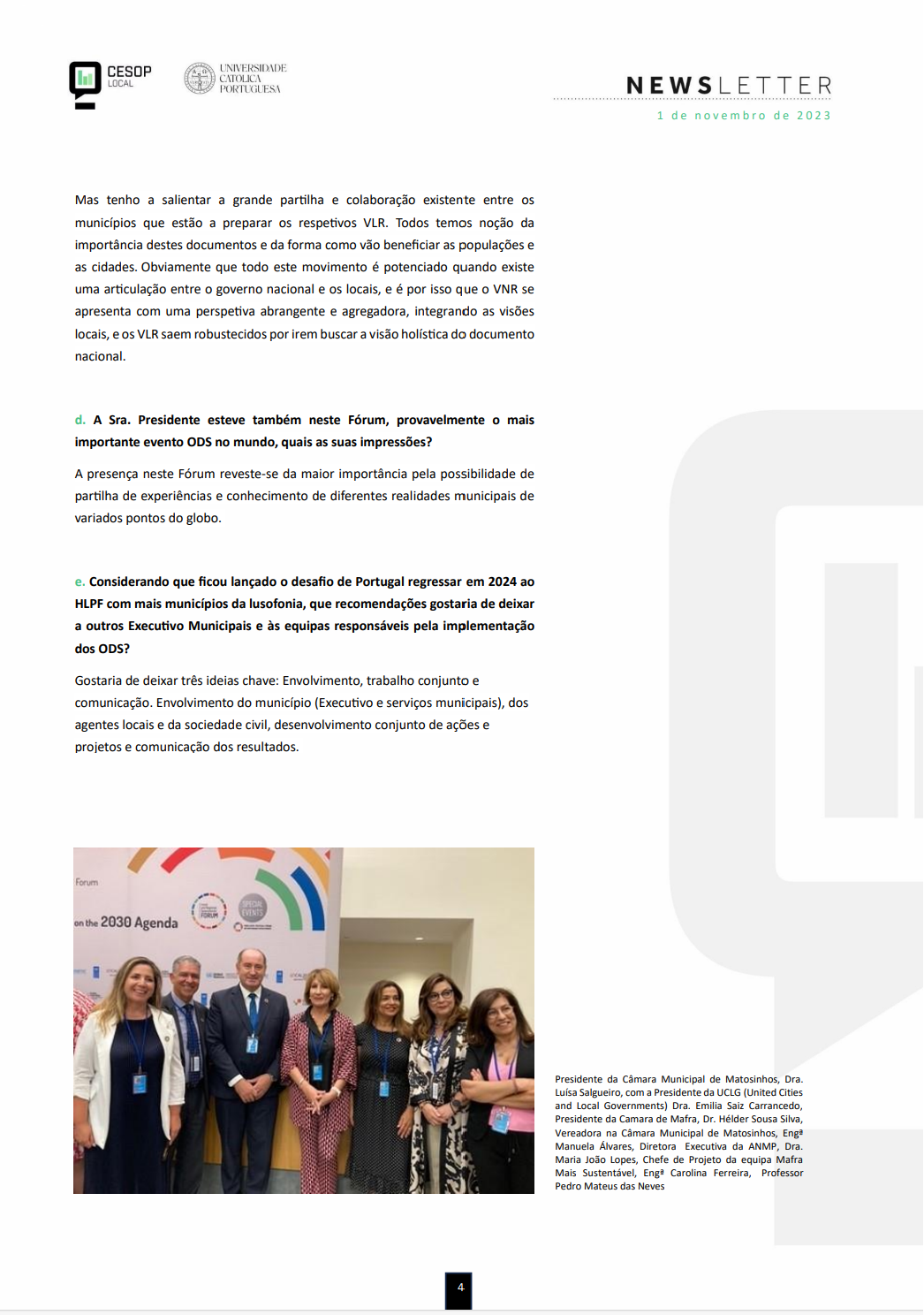 Newsletter da Rede CESOP-Local para os Territórios Sustentáveis Entrevista à Presidente da Câmara Municipal de Matosinhos e ANMP, Dra Luísa Salgueiro