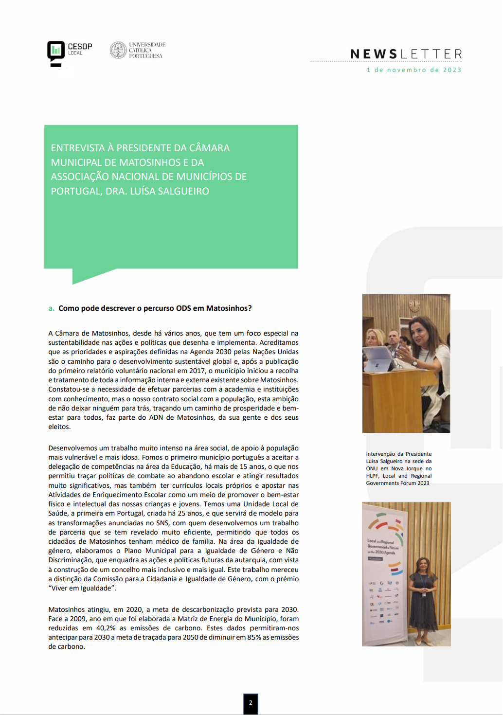 Newsletter da Rede CESOP-Local para os Territórios Sustentáveis Entrevista à Presidente da Câmra Municipal de Matosinhos e ANMP, Dra Luísa Salgueiro