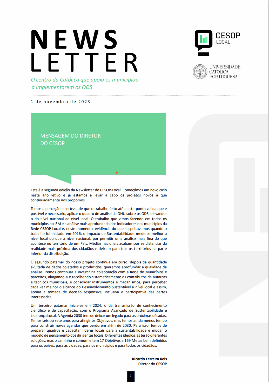 Newsletter #2 Mensagem do Diretor da Católica-CESOP, Prof. Ricardo F. Reis