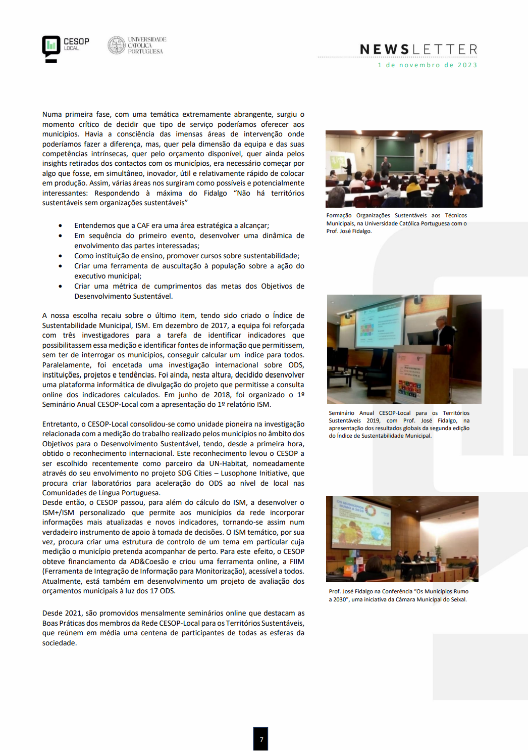 Newsletter da Rede CESOP-Local para os Territórios Sustentáveis. História do ISM - Índice de Sustentabilidade Municipal pelo Fundador da Católica-CESOP, Eng.º Jorge Cerol