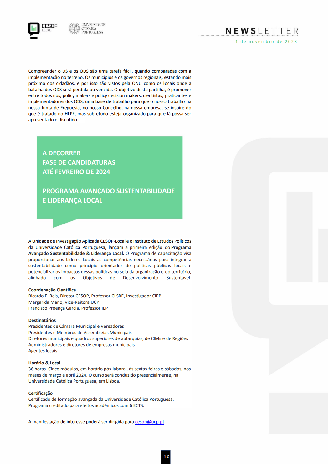 Newsletter da Rede CESOP-Local para os Territórios Sustentáveis. A decorrer. pág. 10